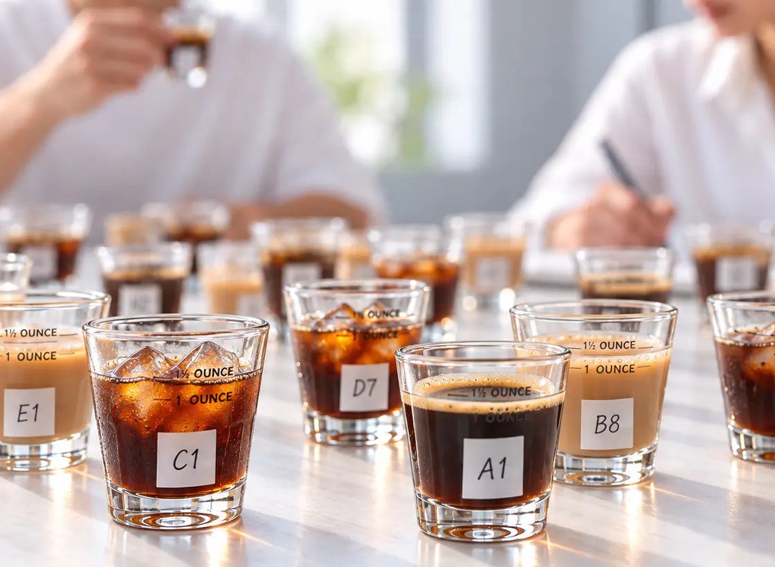 候補のサンプルを、ホットとアイスで飲み比べる