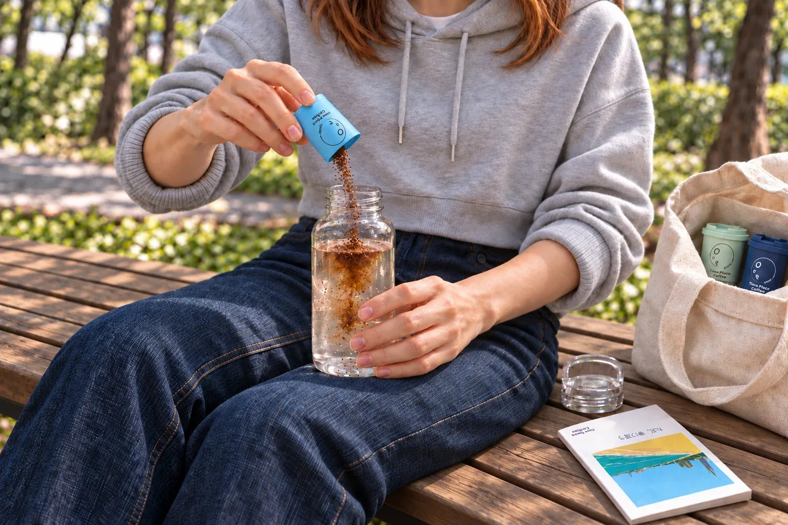 公園のベンチで、ボトルの水に小さなカップからパウダーを注ぐ