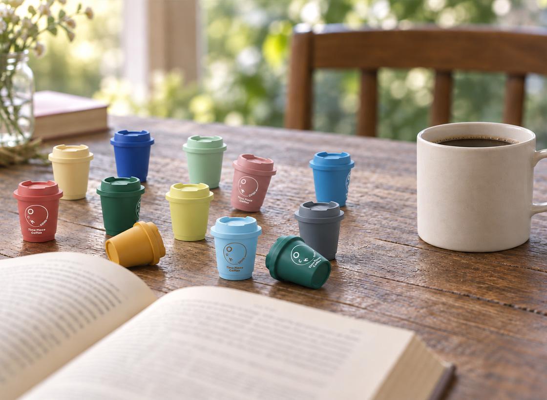 テーブルに並んだ色とりどりの小さなカップと、コーヒー