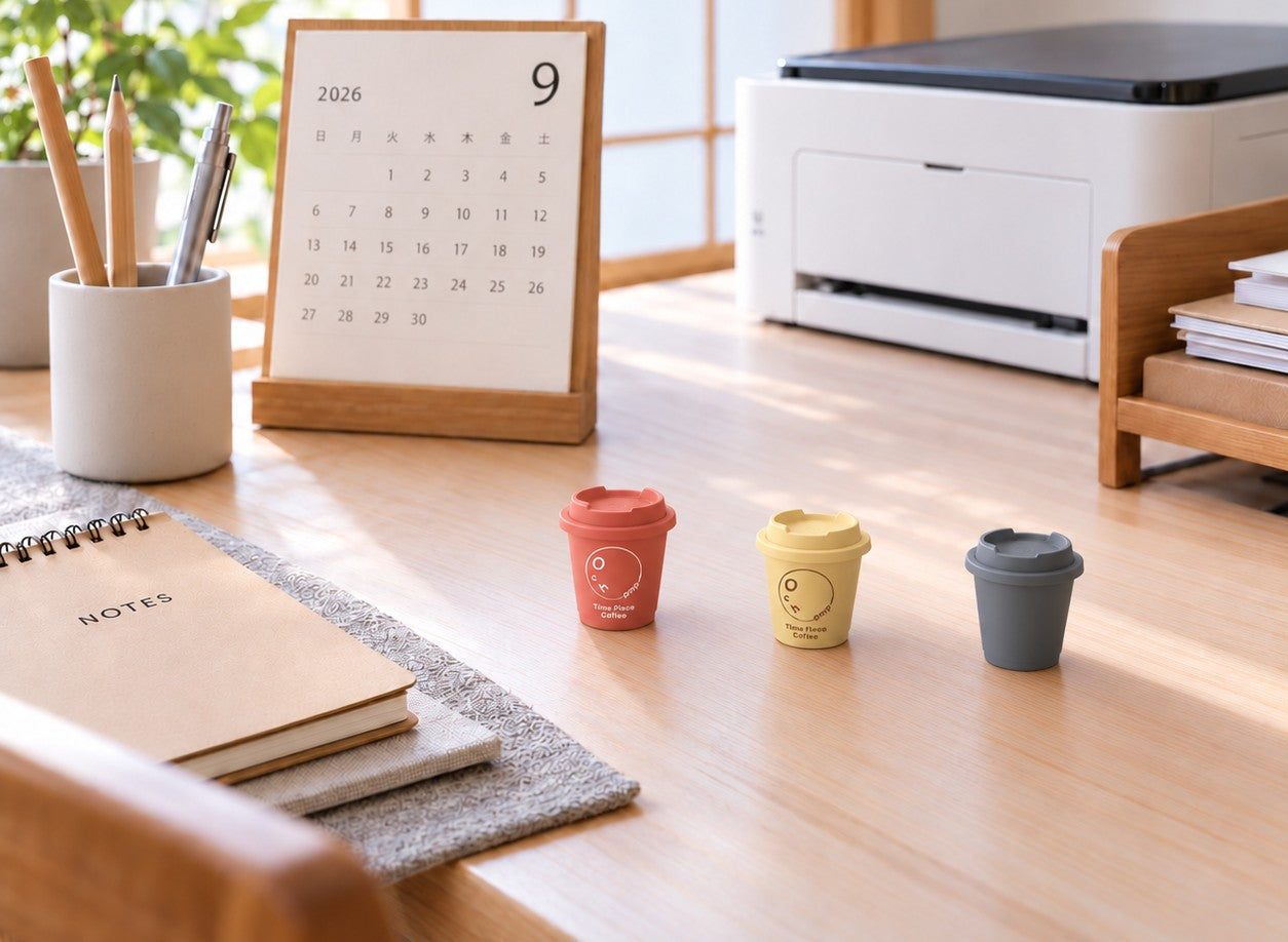 デスクに並べた、3つの小さなカップ