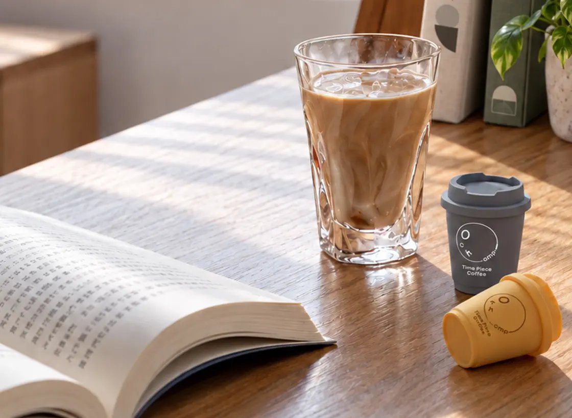ひらいた本と、ミルクを合わせたコーヒー、小さなカップ