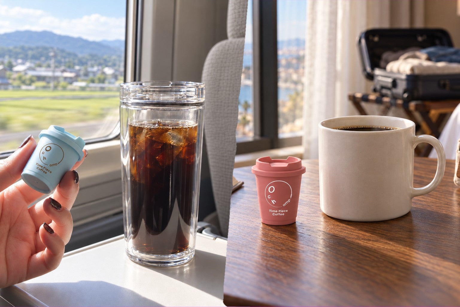 列車の窓辺のアイスコーヒーと、ホテルの机のホットコーヒー