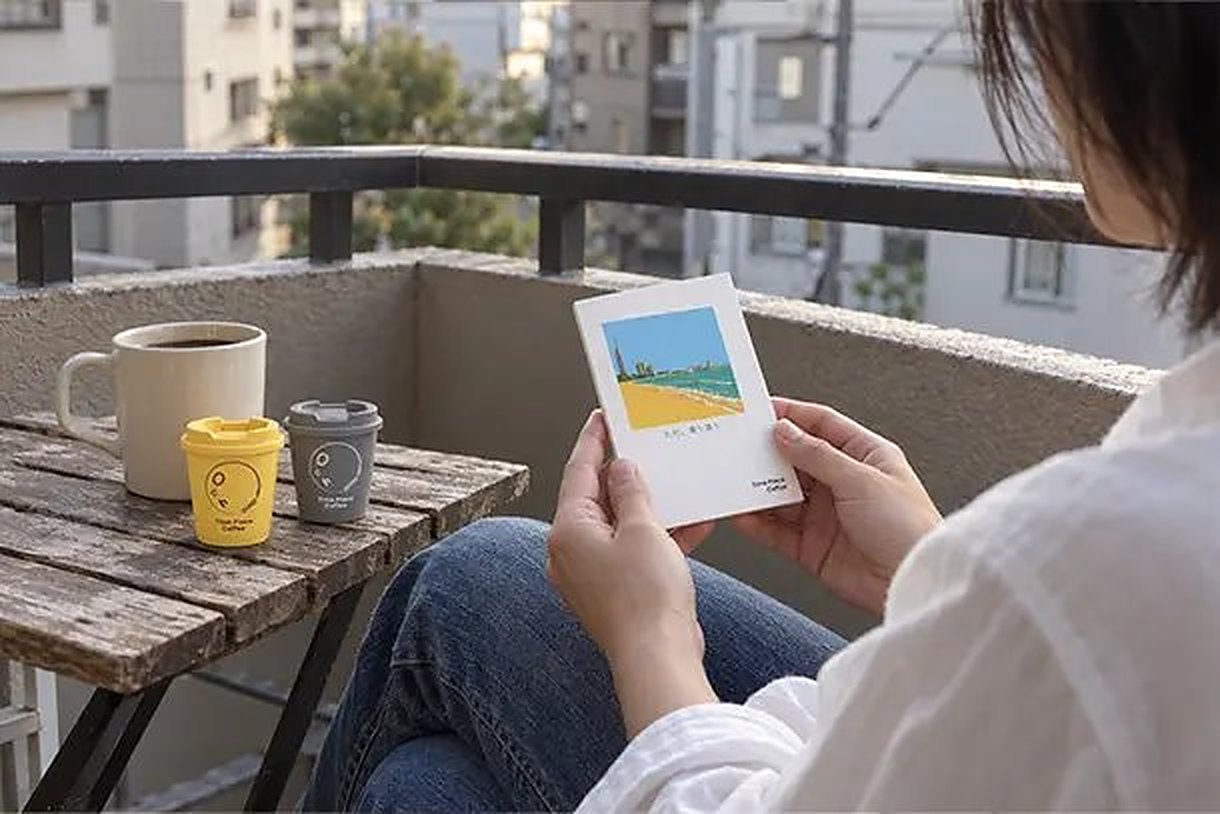 ベランダで、コーヒーのそばでエッセイの冊子を読む