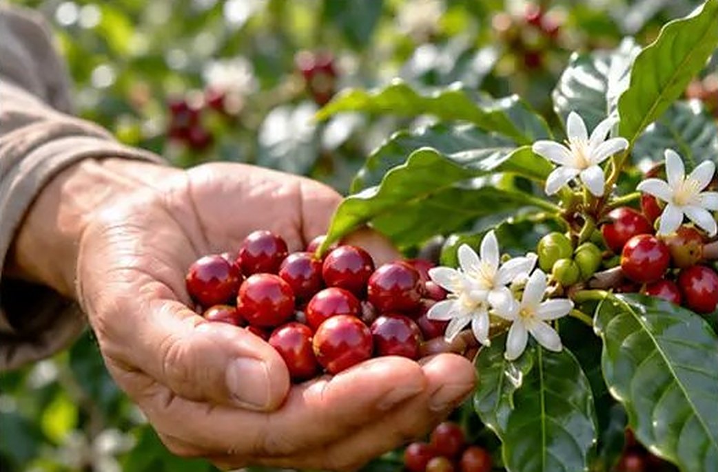 コーヒーの実を手にのせる（コーヒー農園のイメージ）