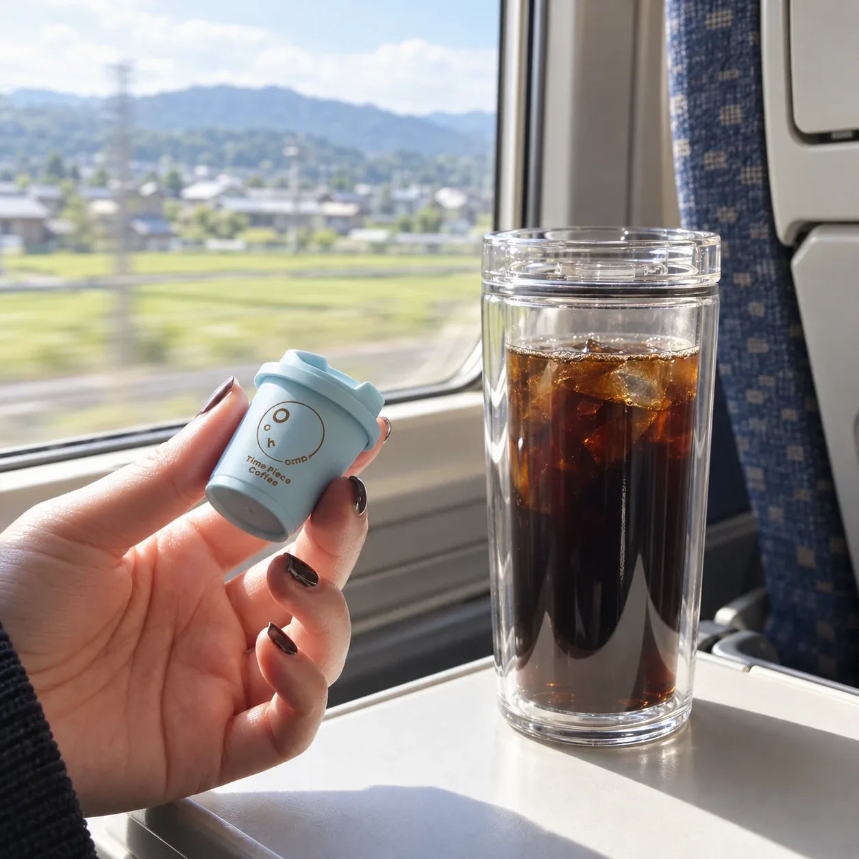 列車の窓辺で、小さなカップと、アイスコーヒーのタンブラー
